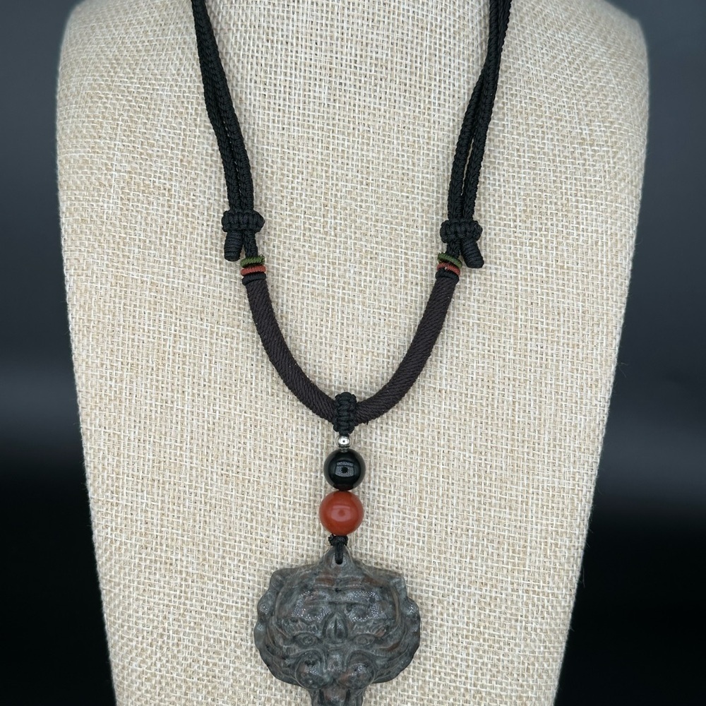 Yooperlite Tiger Pendant Necklace; Red Jasper and Onyx on Brown and Black Rope - Picture 4 of 10
